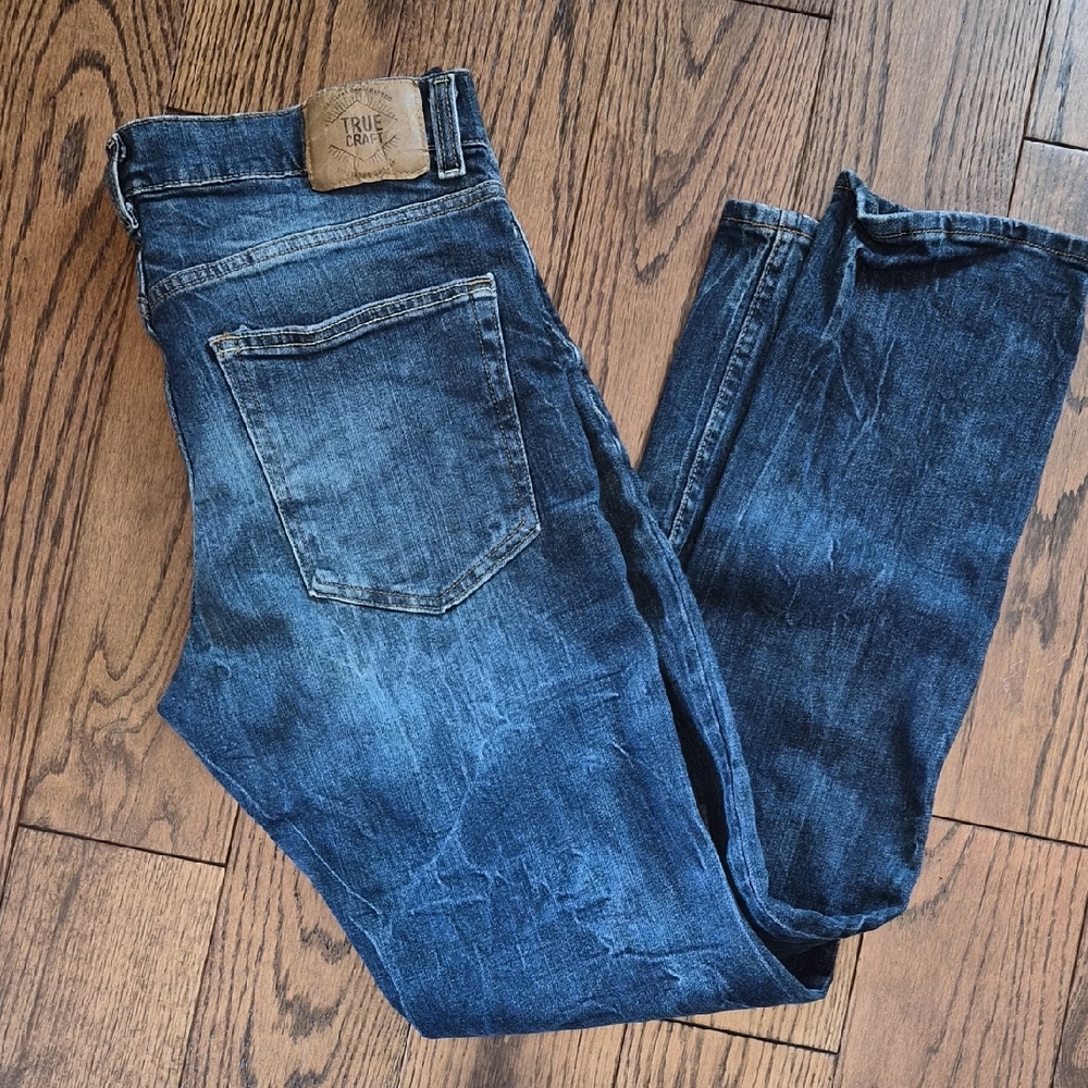 True Craft Men’s Indigo Blue Slim Straight Distressed Jeans